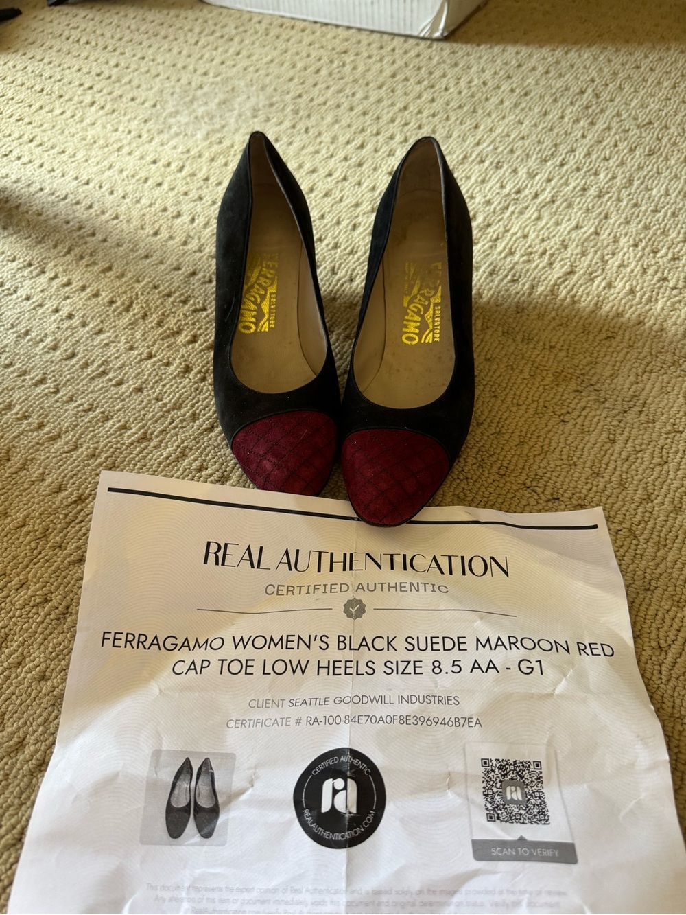 Auth Salvatore Ferragamo Black Suede Pumps with Maroon Cap Toe